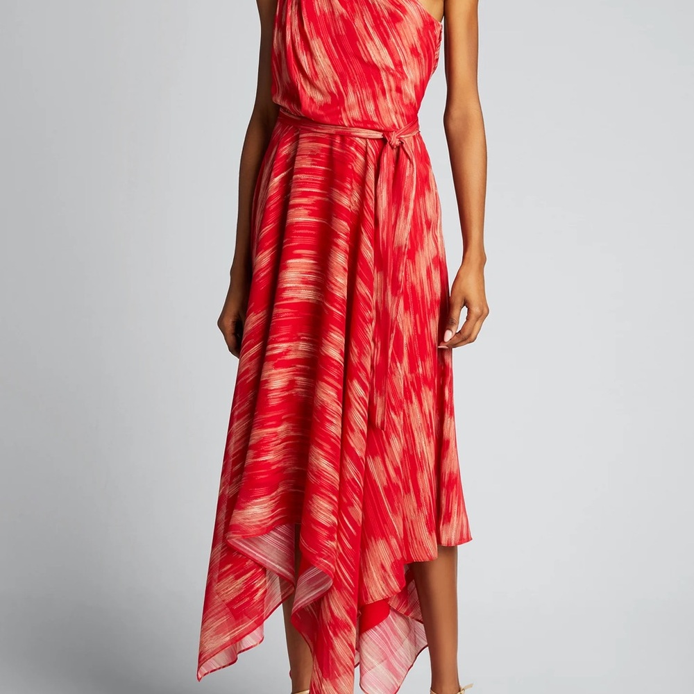 $398 Halston Heritage Goddess One-Shoulder Red and Gold Handkerchief Dress 2